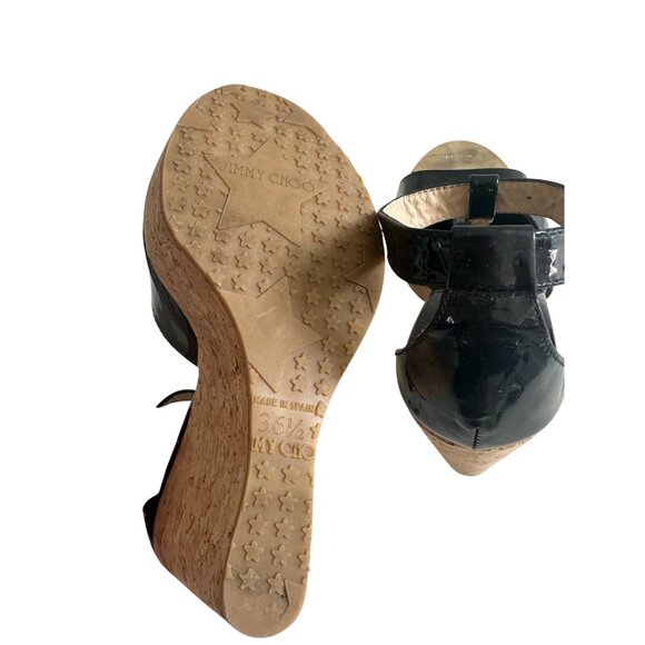 JIMMY CHOO Black Patent Leather Cork Wedges Sandals Size 36.5 - Picture 14 of 16